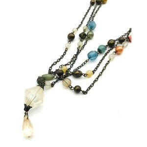Vintage necklace brushed gold tone multi color resin beads 48" length
